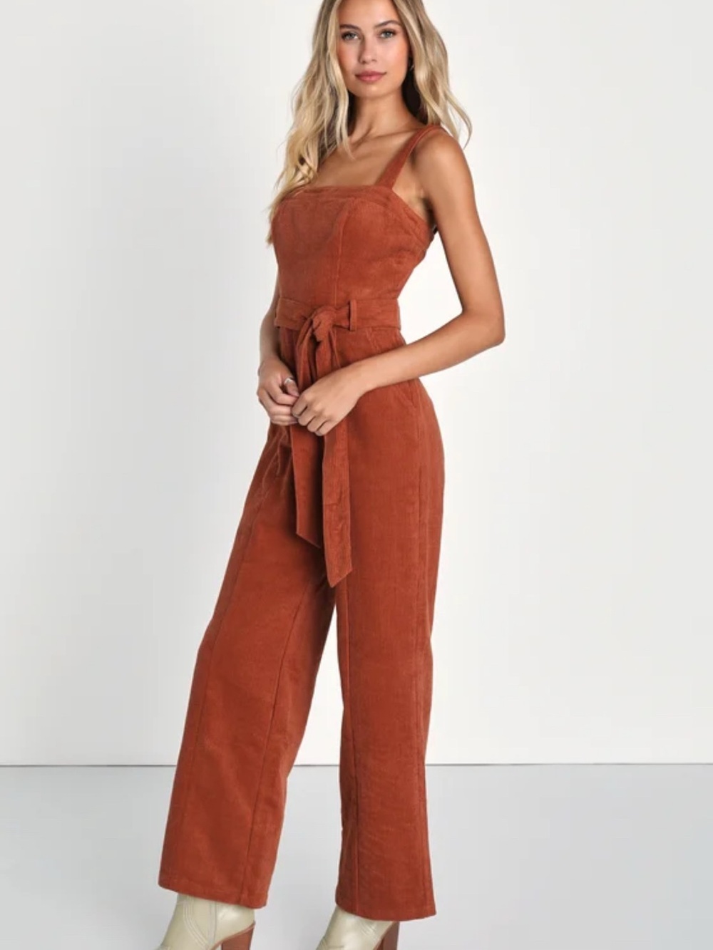 Lulu's Rust Square Neck Tie-Waist Wide-Leg Jumpsuit